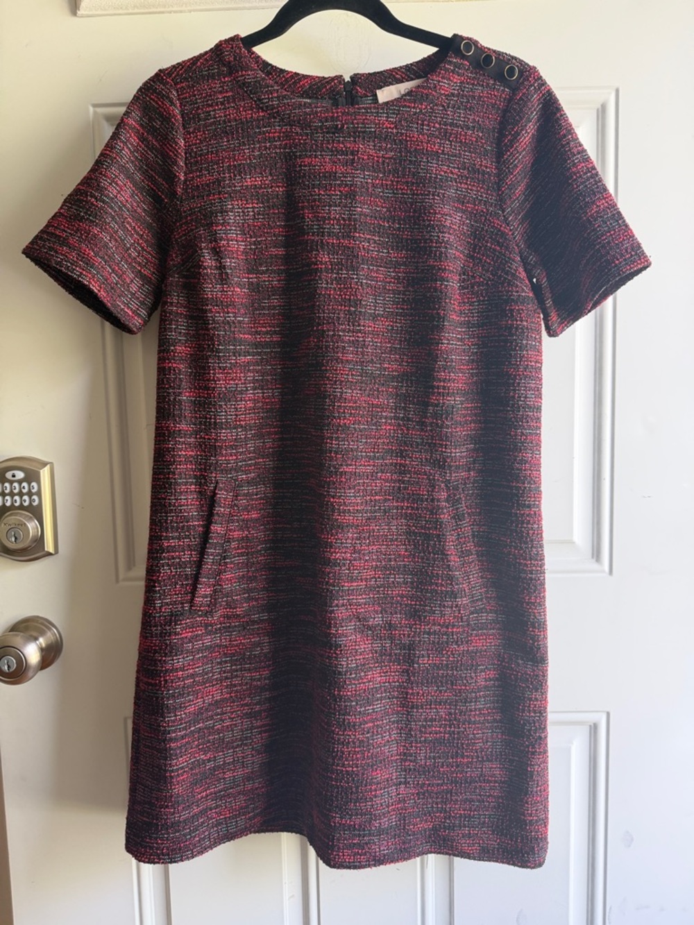 LOFT Red and Black Short-Sleeve Tweed Shift Dress, medium petite.